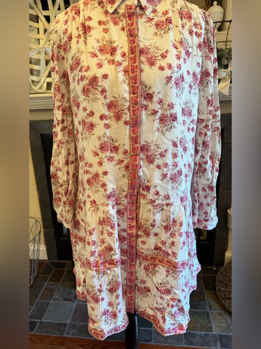 NWT Trish Scully Floral Boho Tiered Midi Dress Pink Cream Long Sleeve Peasant